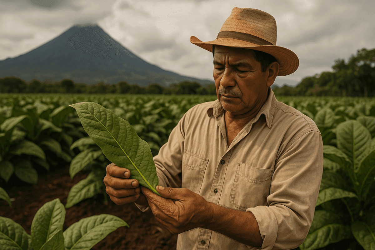 A grower inspecting a tobacco leaf in a Dominican field