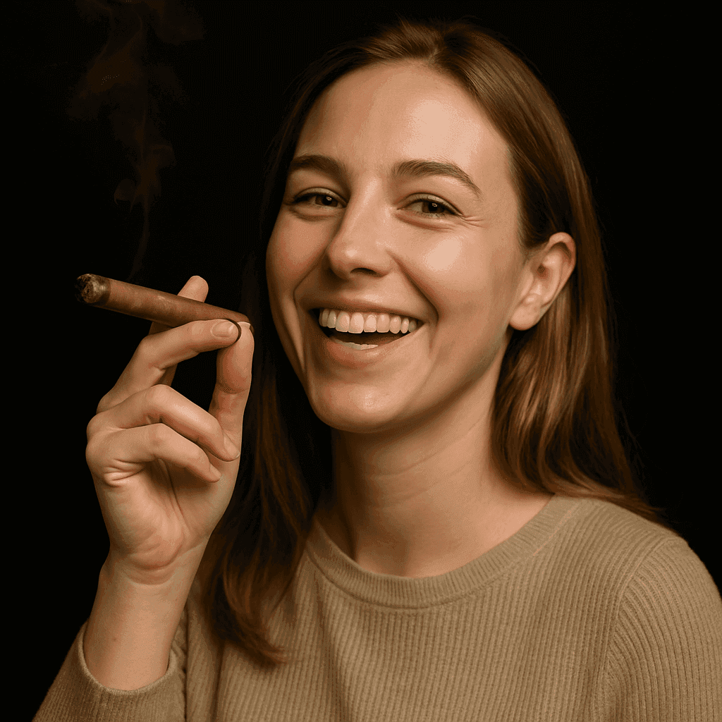 A woman smiling while holding a rolled blunt